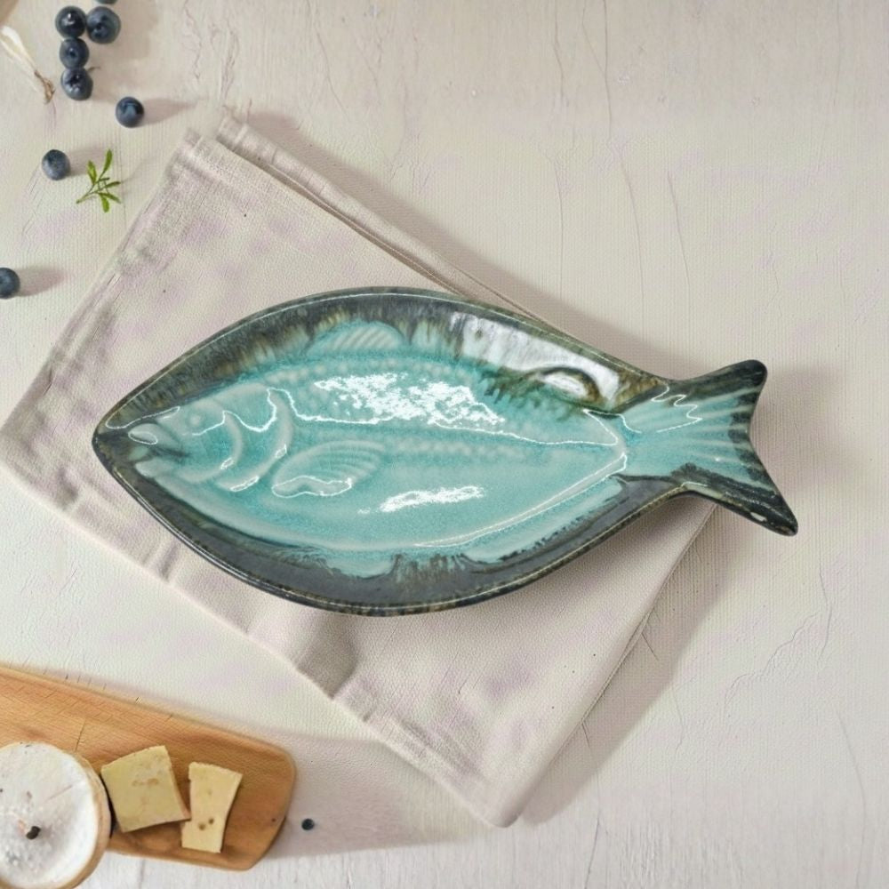 seafoam green fish shaped ceramic platter set of 2 with glazed finish for serving snacks and appetizers